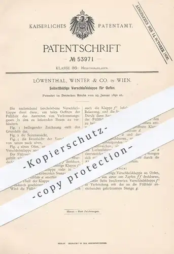 original Patent - Löwenthal , Winter & Co. , Wien , 1890 , Verschlussklappe für Öfen | Ofenklappe , Ofen , Ofenbauer !!