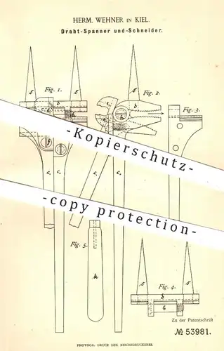 original Patent - Herm. Wehner , Kiel , 1890 , Draht - Spanner u. Draht - Schneider | Werkzeuge , Metall , Schlosserei !