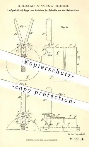 original Patent - H. Redecker & Nauss , Bielefeld , 1890 , Laufgewicht für Waagebalken | Waage , Gewicht , Zange !!