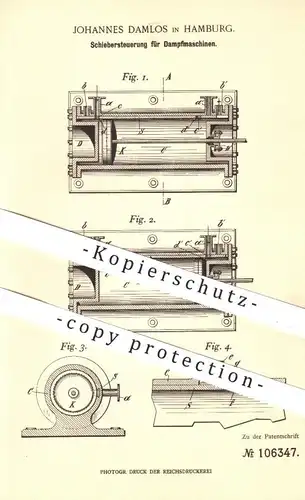 original Patent - Johannes Damlos in Hamburg , 1898 , Schiebersteuerung für Dampfmaschinen | Motor , Steuerung !!