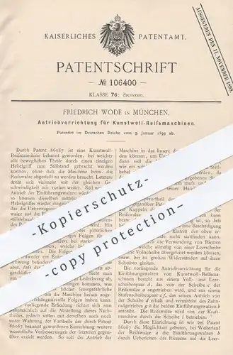 original Patent - Friedrich Wode , München , 1899 , Antrieb für Kunstwoll - Reissmaschinen | Wolle , Spinnerei !!!