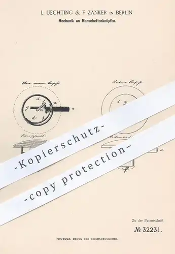 original Patent - L. Uechting & F. Zänker , Berlin , 1884 , Mechanik an Manschettenknöpfen | Manschetten - Knopf