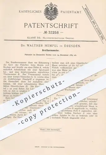 original Patent - Dr. Walther Hempel , Dresden , 1884 , Bratthermometer | Thermometer für Fleisch | Koch , Kochen !!!
