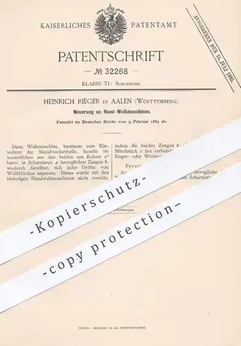 original Patent - Heinrich Rieger , Aalen , 1885 , Hand - Walkmaschinen | Stiefel , Schuhe , Schuster , Schuhwerk !!!
