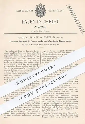 original Patent - Julius Jelinek , Brüx , Böhmen , 1885 , Saugventil für Pumpen | Ventil , Pumpe , Kolben , Luft !!