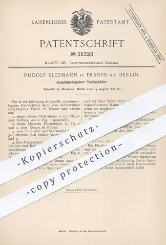 original Patent - Rudolf Kleemann , Erkner / Berlin , 1886 , Zusammenlegbarer Fischbehälter | Fische , Fischer , Angler