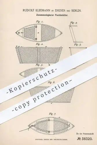 original Patent - Rudolf Kleemann , Erkner / Berlin , 1886 , Zusammenlegbarer Fischbehälter | Fische , Fischer , Angler