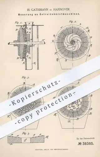 original Patent - H. Gathmann , Hannover , 1886 , Getreide - Bürstmaschinen | Mühle , Landwirtschaft , Korn | Bürste