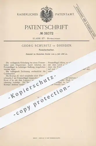 original Patent - Georg Schuritz , Dresden , 1886 , Fensterhalter | Fenster , Fensterbau , Fensterbauer , Schlosser !!