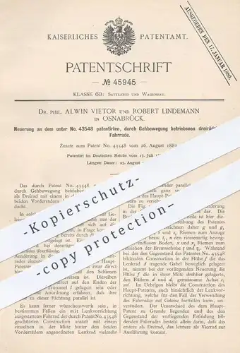 original Patent - Dr. Phil. Alwin Vietor , Robert Lindemann , Osnabrück , 1888 , dreirädriges Fahrrad | Fahrräder , Rad