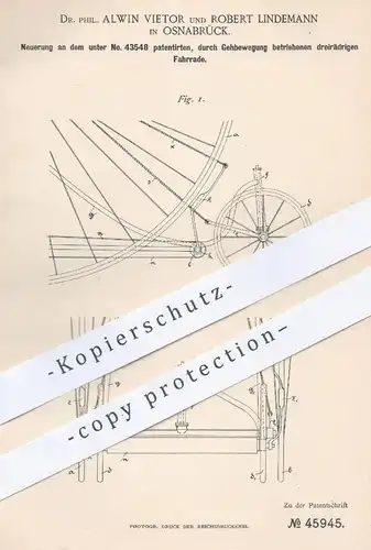 original Patent - Dr. Phil. Alwin Vietor , Robert Lindemann , Osnabrück , 1888 , dreirädriges Fahrrad | Fahrräder , Rad