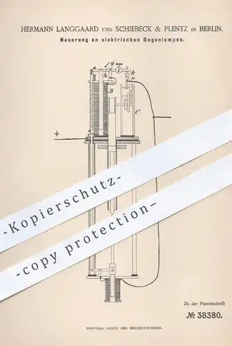 original Patent - Hermann Langgaard u. Schiebeck & Plentz , Berlin , 1886 , elektrische Bogenlampe | Lampe , Licht !!