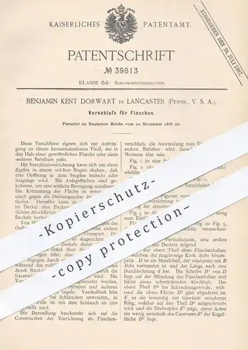 original Patent - Benjamin Kent Dorwart , Lancaster, Pennsylvania , USA , 1886 , Flaschen - Verschluss | Flasche , Glas