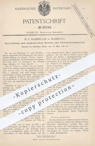 original Patent - H. F. Hambruch , Hamburg , 1886 , mechanisches Spielen von Tasteninstrument | Orgel , Piano , Klavier