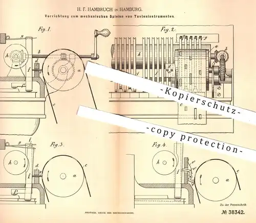 original Patent - H. F. Hambruch , Hamburg , 1886 , mechanisches Spielen von Tasteninstrument | Orgel , Piano , Klavier