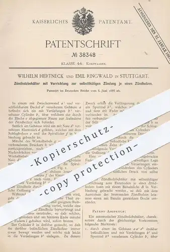 original Patent - Wilhelm Hertneck , Emil Ringwald , Stuttgart , 1886 , Zündholzbehälter mit Zündung der Zündholzer !!