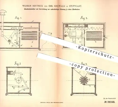 original Patent - Wilhelm Hertneck , Emil Ringwald , Stuttgart , 1886 , Zündholzbehälter mit Zündung der Zündholzer !!