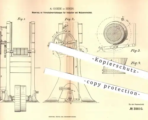 original Patent - A. Goede , Berlin  1886 , Vorschub für Vollgatter mit Walzenvorschub | Gatter , Holz , Säge , Tischler