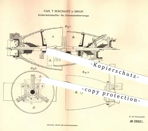 original Patent - Carl T. Burchardt , Berlin  1886 , Sicherheitsbuffer für Eisenbahnen | Eisenbahn - Buffer , Lokomotive