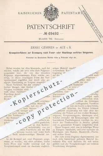 original Patent - Ernst Gessner , Aue , 1892 , Krempelverfahren zur Erzeugung von Vorgarn | Garn , Faser , Stoff spinnen