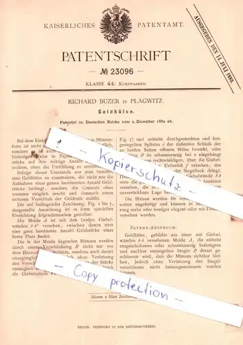original Patent - Richard Buzer in Plagwitz , 1882 , Geldhülse !!!