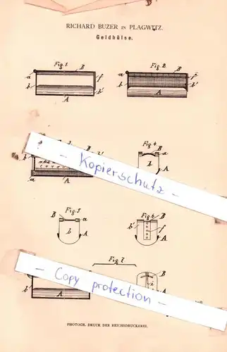 original Patent - Richard Buzer in Plagwitz , 1882 , Geldhülse !!!