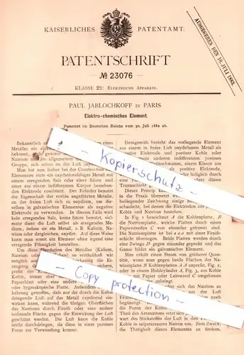 original Patent - Paul Jablochkoff in Paris , 1882 ,  Elektro-chemisches Element !!!