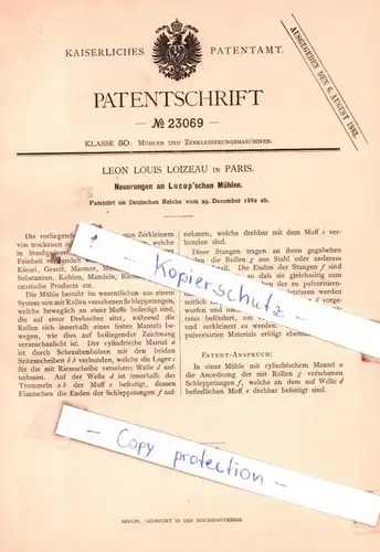 original Patent - Leon Louis Loizeau in Paris , 1882 , Neuerungen an Lucop`schen Mühlen !!!