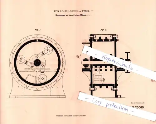 original Patent - Leon Louis Loizeau in Paris , 1882 , Neuerungen an Lucop`schen Mühlen !!!