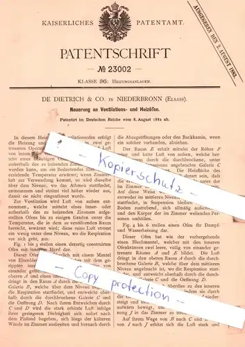 original Patent -  De Dietrich & Co. in Niederbronn , Elsass , 1882 , Neuerung an Ventilations- und Heizöfen !!!