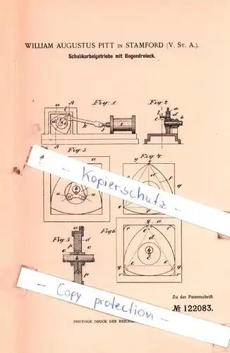 original Patent - William Augustus Pitt in Stamford , USA , 1900 , Schubkurbelgetriebe mit Bogendreieck !!!