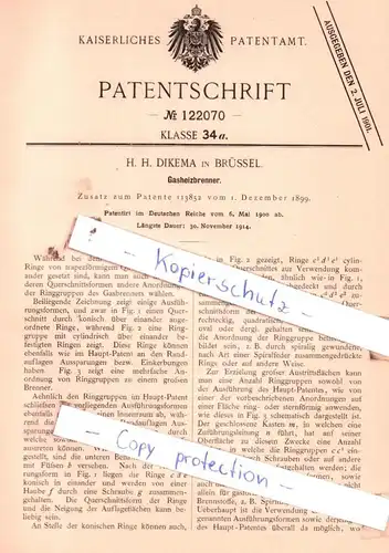 original Patent -  H. H. Dikema in Brüssel , 1900 , Gasheizbrenner !!!
