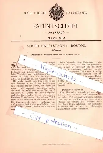 original Patent - Albert Haberstroh in Boston , 1902 ,  Heftmarke !!!