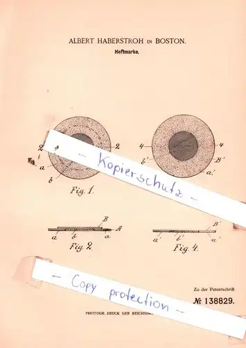 original Patent - Albert Haberstroh in Boston , 1902 ,  Heftmarke !!!