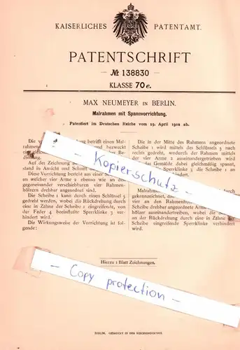 original Patent - Max Neumeyer in Berlin , 1902 , Malrahmen mit Spannvorrichtung !!!