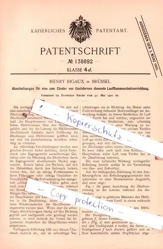 original Patent - Henry Rigaux in Brüssel , 1901 , zum Zünden von Gaslaternen dienende Laufflammenzündvorrichtung !!!