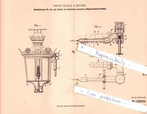 original Patent - Henry Rigaux in Brüssel , 1901 , zum Zünden von Gaslaternen dienende Laufflammenzündvorrichtung !!!