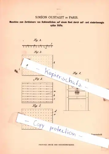 original Patent -  Simèon Oustalet in Paris , 1899 , Maschine zum Zerkleinern von Kohlenstücken !!!