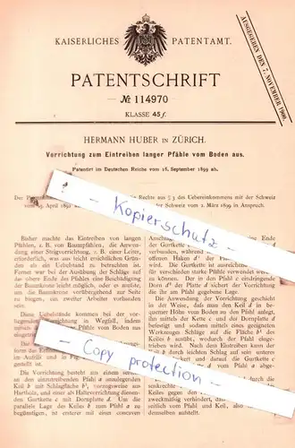 original Patent - H. Huber in Zürich , 1899 ,  Vorrichtung zum Eintreiben langer Pfähle vom Boden aus !!!