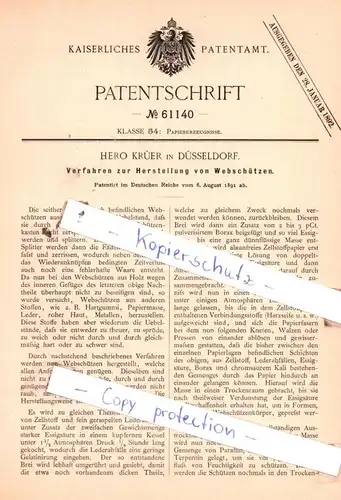 original Patent - H. Krüer in Düsseldorf , 1891 , Verfahren zur Herstellung von Webschützen !!!
