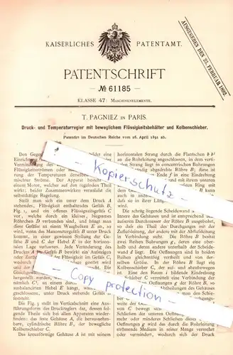 original Patent - T. Pagniez in Paris , 1891 , Druck- und Temperaturregler mit Flüssigkeitsbehälter !!!