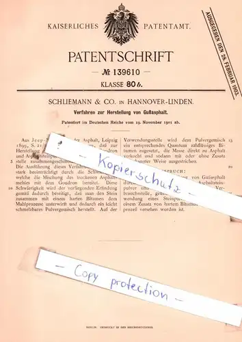 original Patent - Schliemann & Co. in Hannover-Linden , 1901 , Verfahren zur Herstellung von Gußasphalt !!!