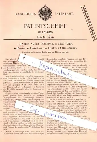original Patent - Charles Avery Doremus in New-York , 1900 , Behandlung von Kryolith mit Wasserdampf !!!