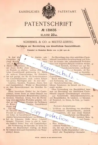 original Patent - Schimmel & Co. in Miltitz-Leipzig , 1902 , Verfahren zur Darstellung von Cassieblütenöl !!!