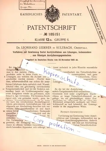 original Patent - Dr. Leonhard Lederer in Salzbach, Oberpfalz , 1905 , Gewinnung fester Acetylcellulose aus Lösungen !!!