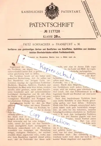 original Patent -  F. Kornacher in Frankfurt a. M. , 1900 , Gerben und Buntfärben von Schaffellen !!!