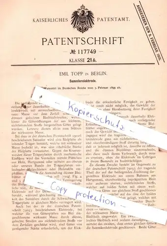 original Patent - Emil Topp in Berlin , 1899 , Sammlerelektrode !!!