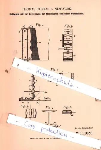 original Patent - T. Curran in New-York , 1899 , Hohlwand mit zur Befestigung der Wandflächen dienendem Wandrahmen !!!