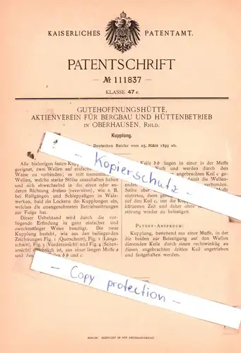 original Patent - Gutehoffnungshütte, Aktienverein für Bergbau und Hüttenbetrieb in Oberhausen, 1899 , Kupplung !!!