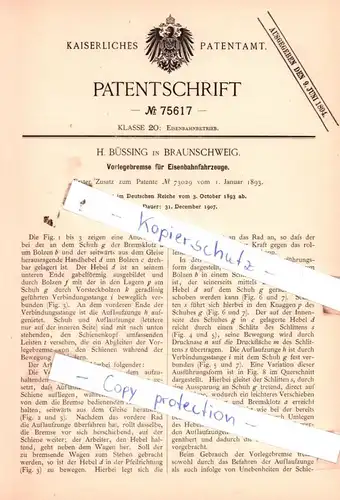 original Patent - H. Büssing in Braunschweig , 1893 , Vorlegebremse für Eisenbahnfahrzeuge !!!